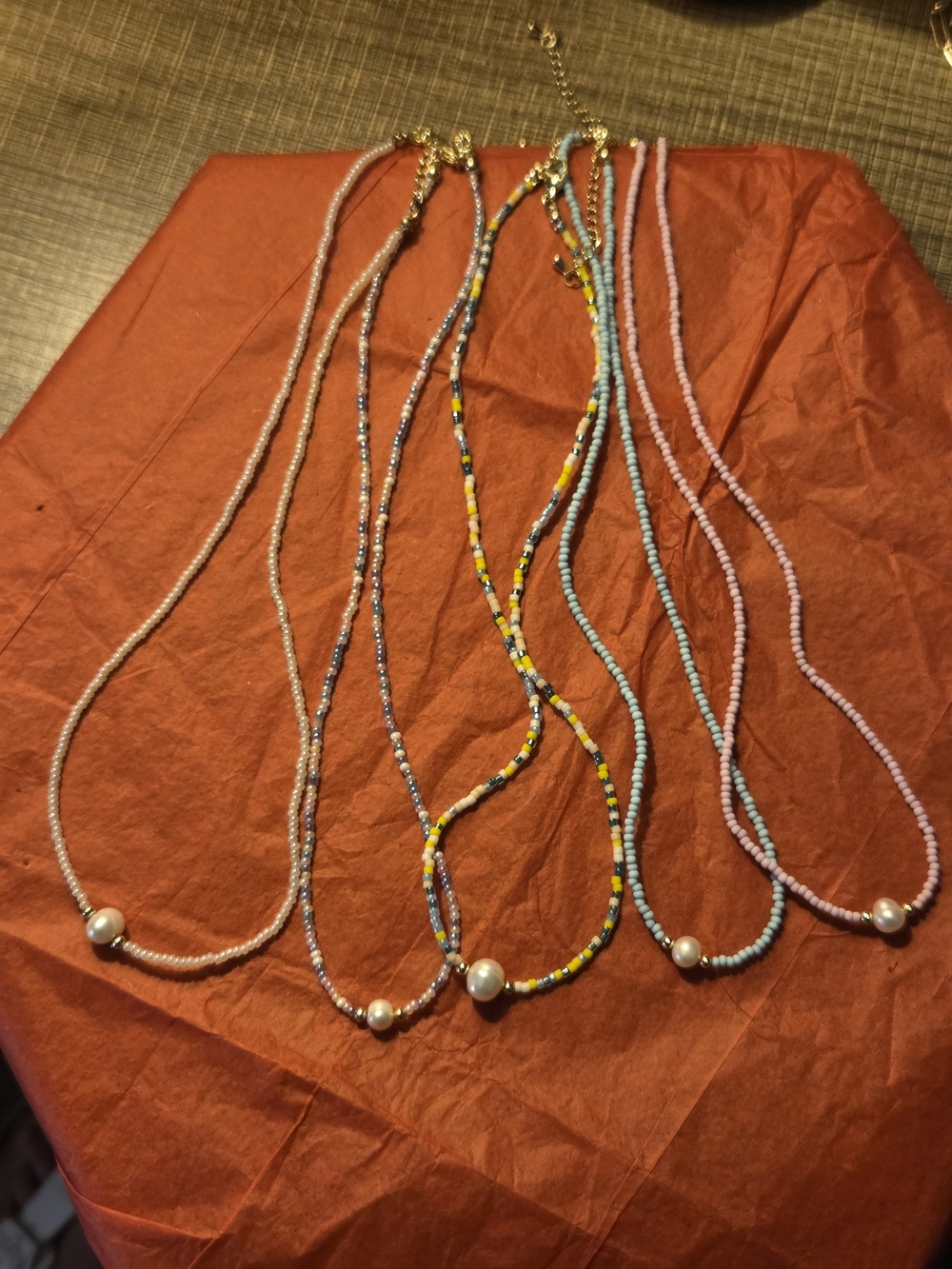 Bohemian geometric beaded freshwater, pearl necklace.